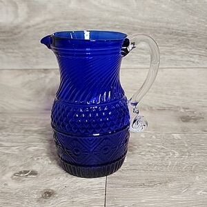 Cobalt Blue Pilgrim Glass Creamer Pitcher Hand Blown Applied Handle Vintage 4.5"